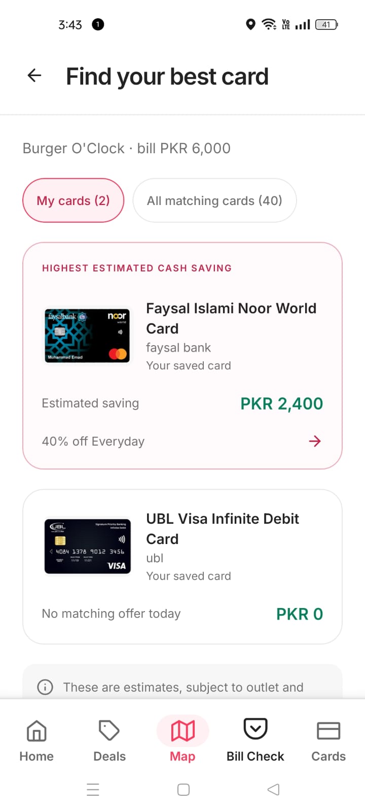 Bill Check card comparison results