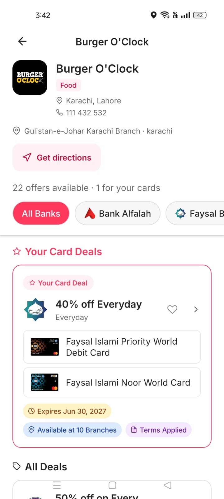 Merchant offers, eligible cards, branch details and directions