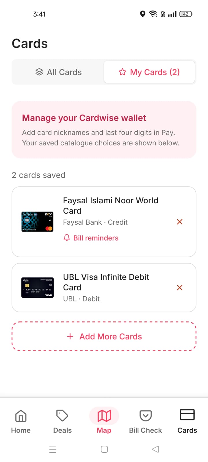 Saved bank card types and bill reminder access